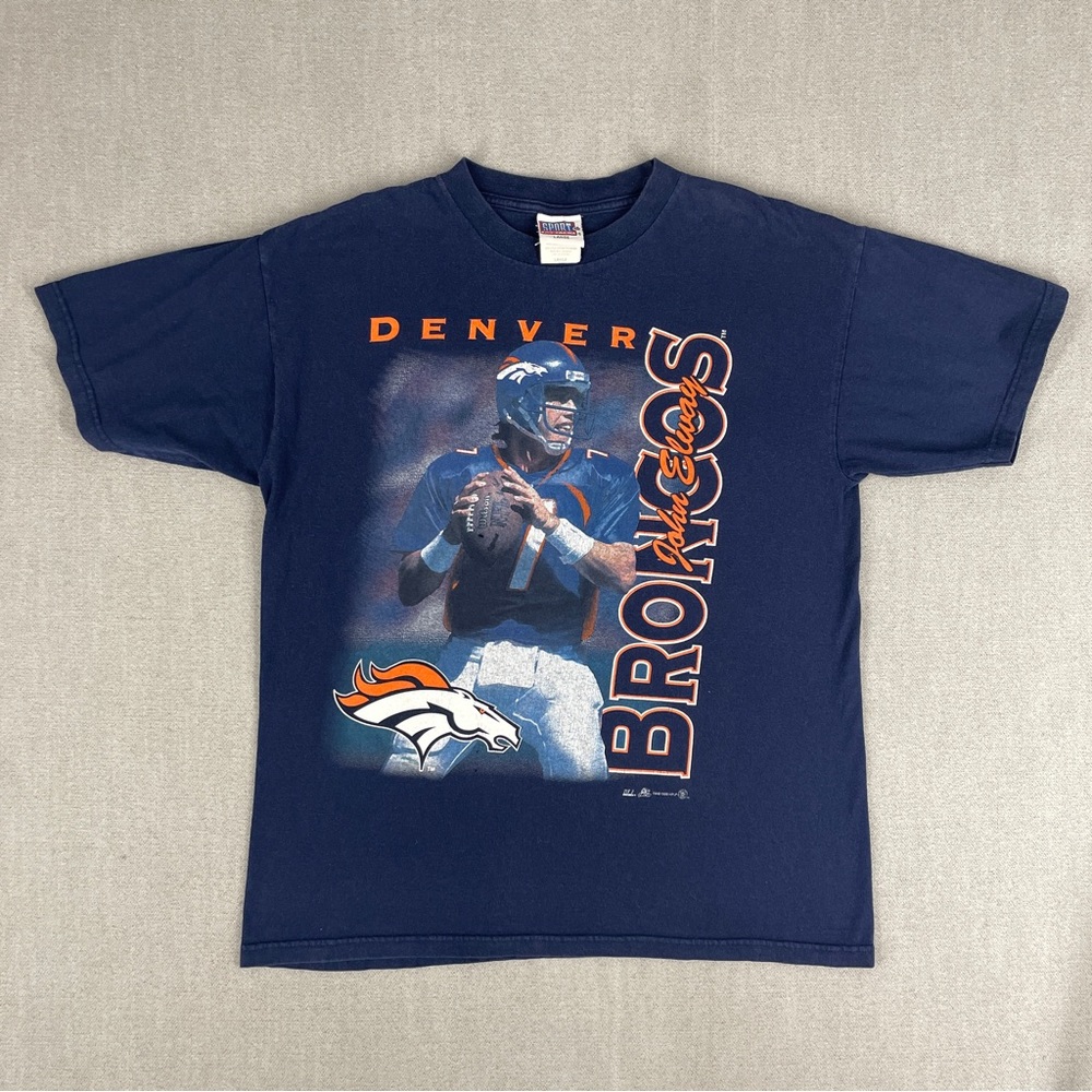 John Elway Mens L Shirt Denver Broncos Vintage 1998 Navy Faded With Tiny Holes